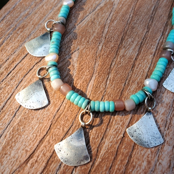 Turquoise and Pearl Beaded Necklace - Picture 1 of 5